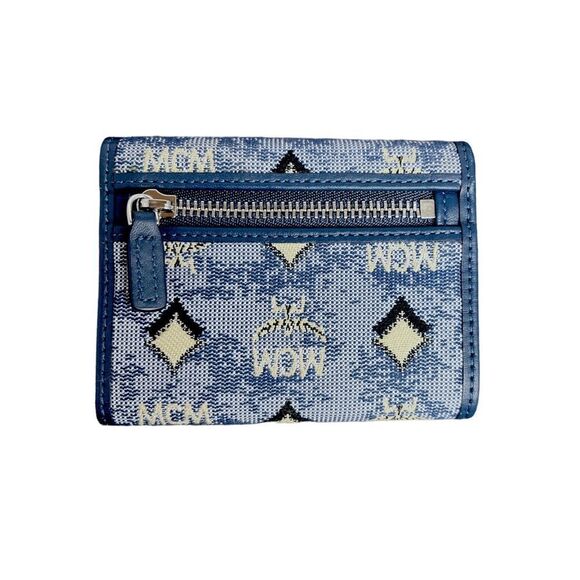 NWOT Auth MCM Veritas Trifold Small Monogram Logo Blue Snap Closure Mini Wallet - Picture 2 of 9